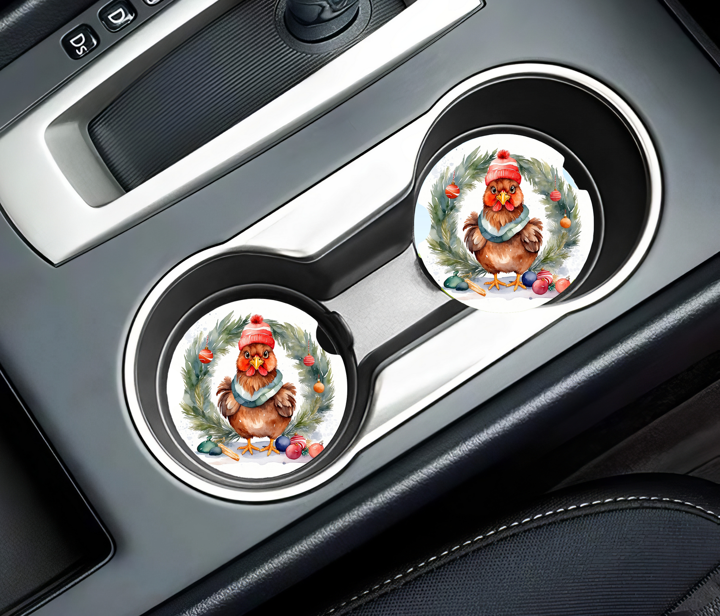 Christmas Chicken Wreath Car Coasters