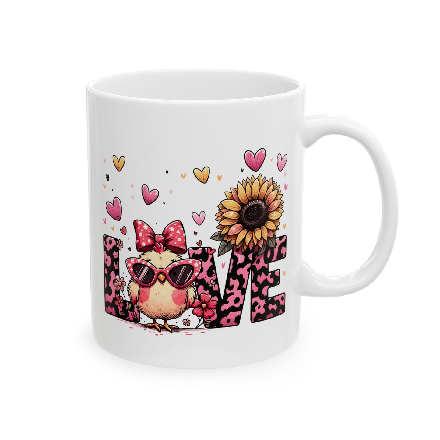 Love Leopard Print Mug with Sunflower & Hearts – Cute Romantic Coffee Cup (11oz/15oz)