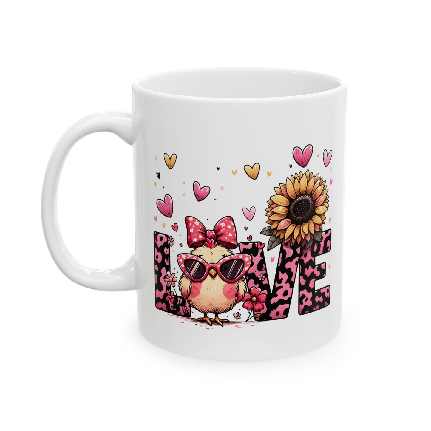 Love Leopard Print Mug with Sunflower & Hearts – Cute Romantic Coffee Cup (11oz/15oz)