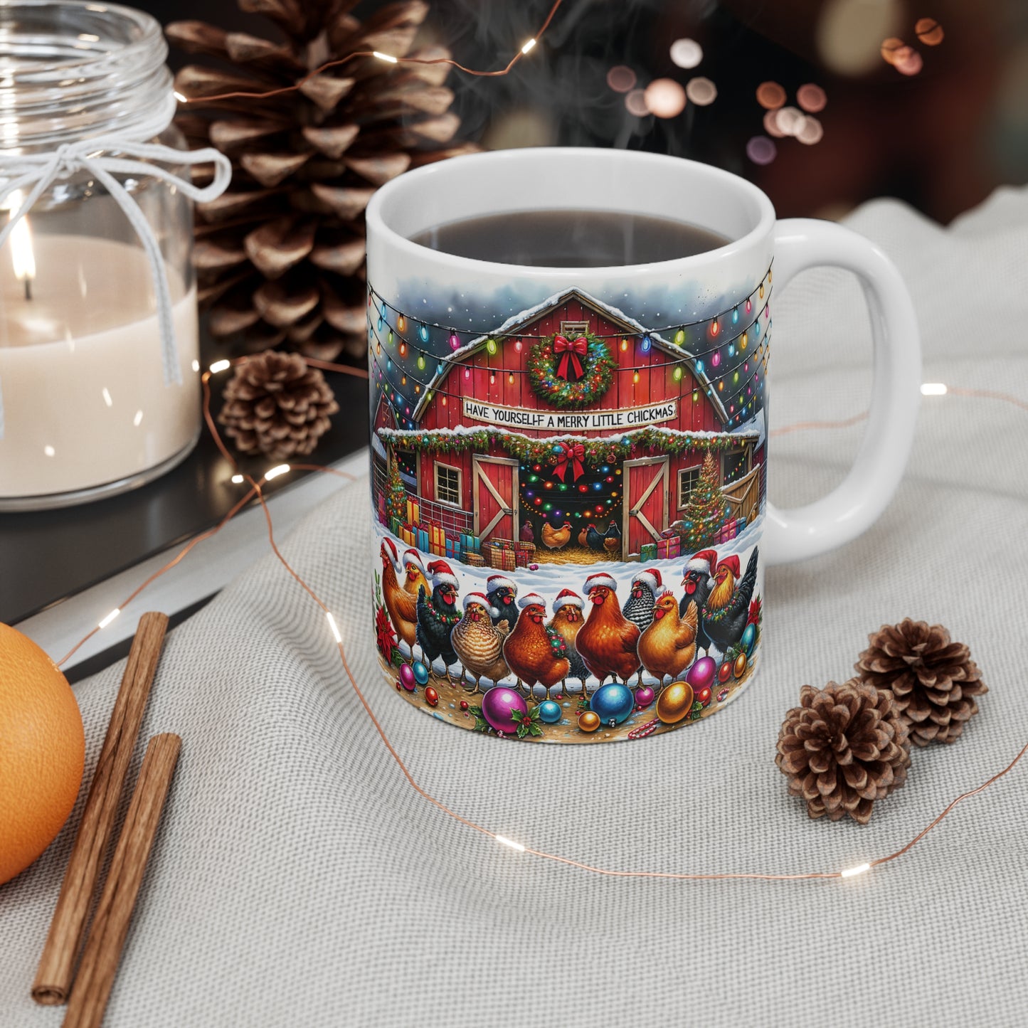 Festive Chicken Barn Mug - 11oz Holiday Coffee Cup