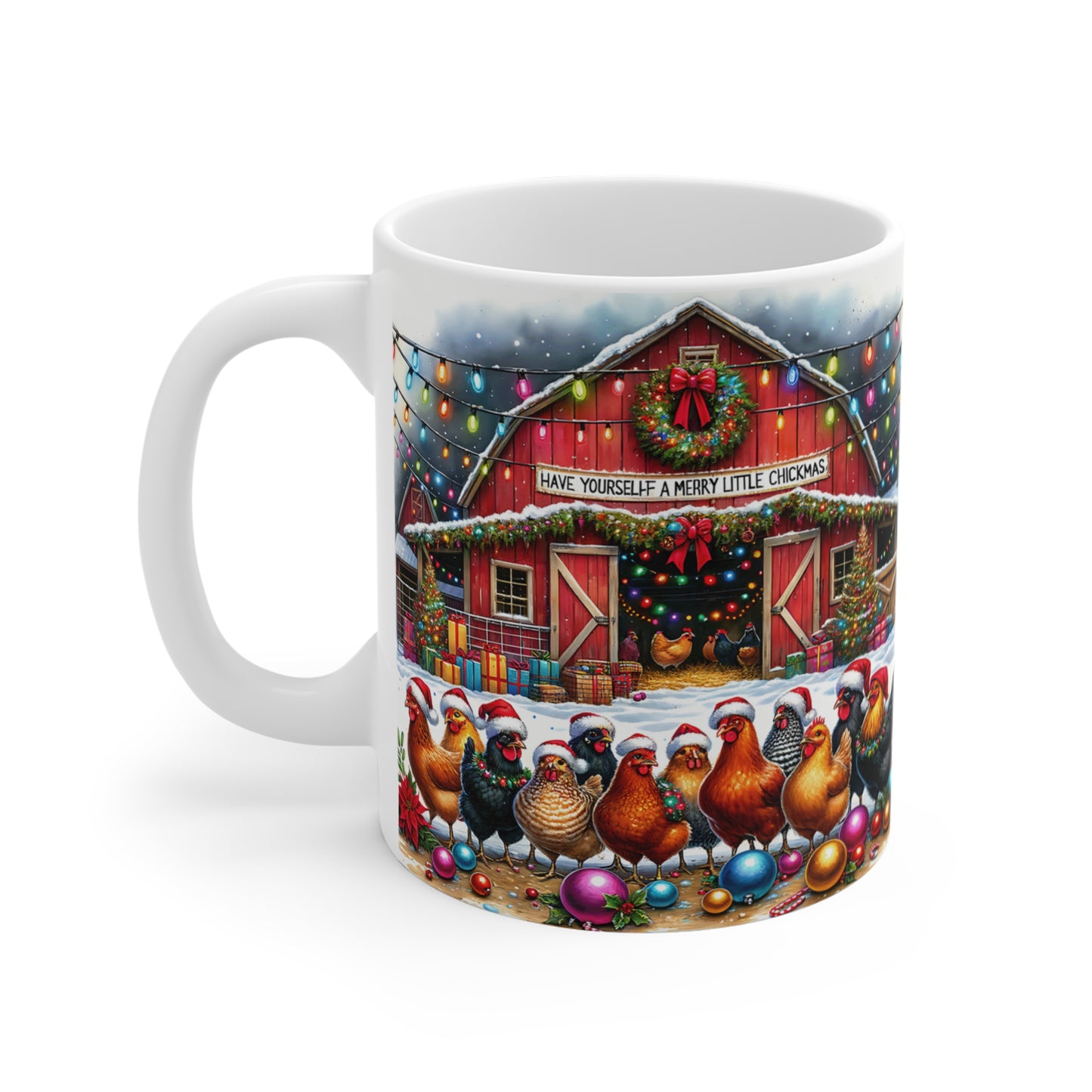 Festive Chicken Barn Mug - 11oz Holiday Coffee Cup
