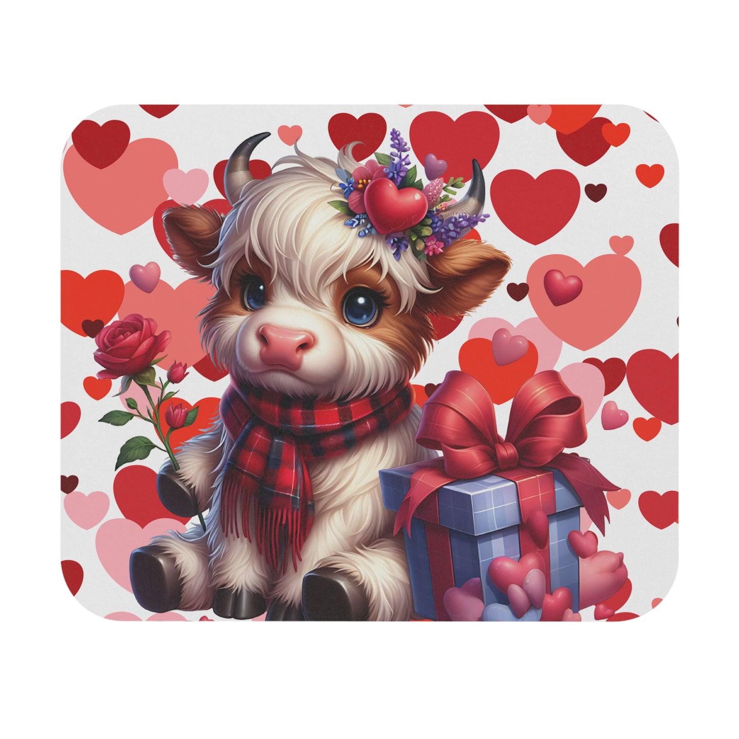 Valentine Calf Mouse Pad — Cute Cow with Hearts, Gift & Rose Desk Mat