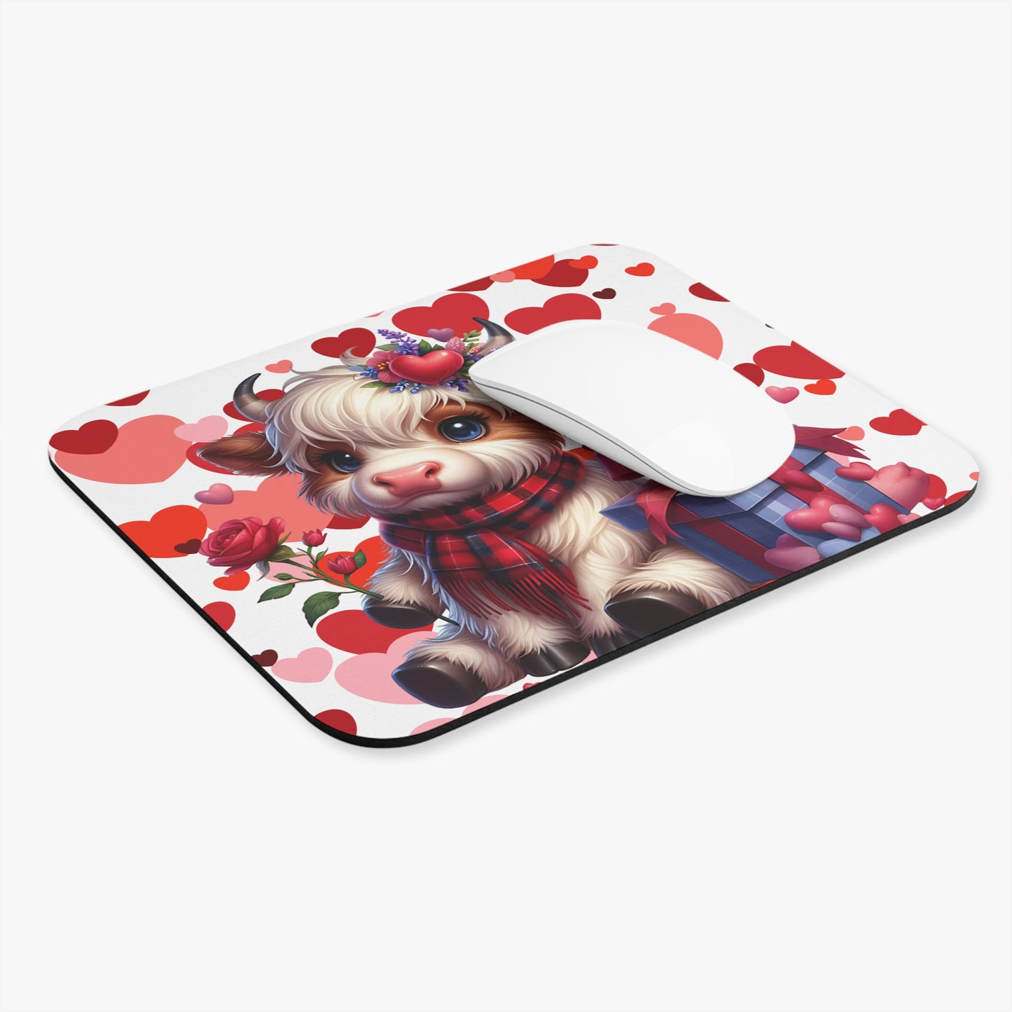 Valentine Calf Mouse Pad — Cute Cow with Hearts, Gift & Rose Desk Mat