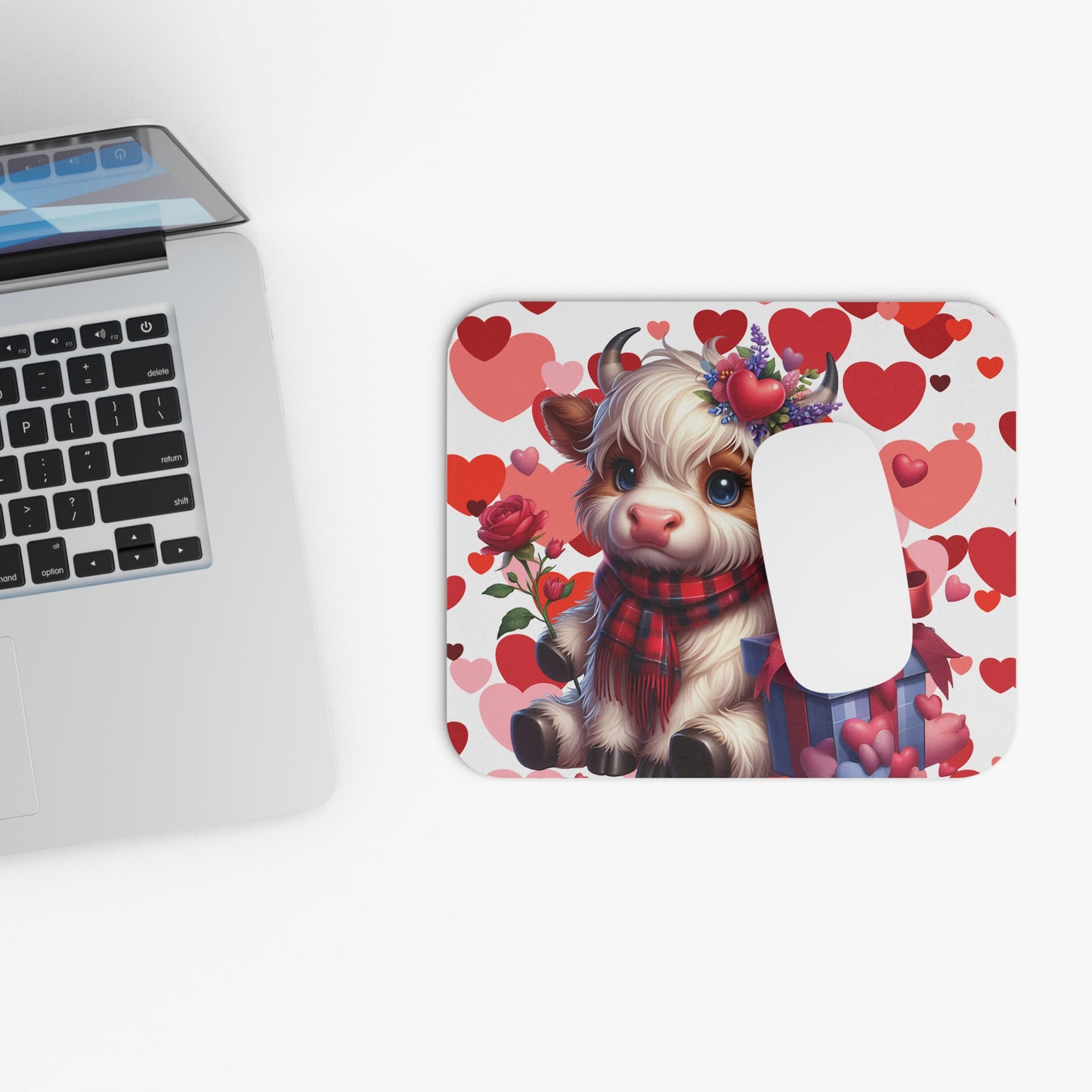 Valentine Calf Mouse Pad — Cute Cow with Hearts, Gift & Rose Desk Mat